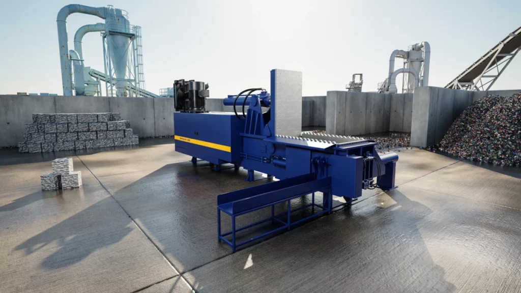 A LINDEMANN NxtPress baler beside a stack of metal bales